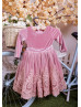 Dusty Rose Velvet Pineapple Embroidered Lace Vintage Flower Girl Dress